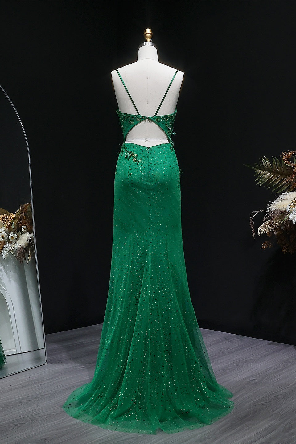 Emerald Green Glitter Tulle Mermaid Prom Dress with Cross-Strap Back SH381 Sheer Fairy