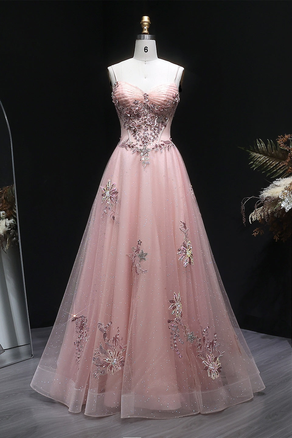 Modest Pink Glitter Tulle Square Neck A-Line Prom Dress SH382 Sheer Fairy