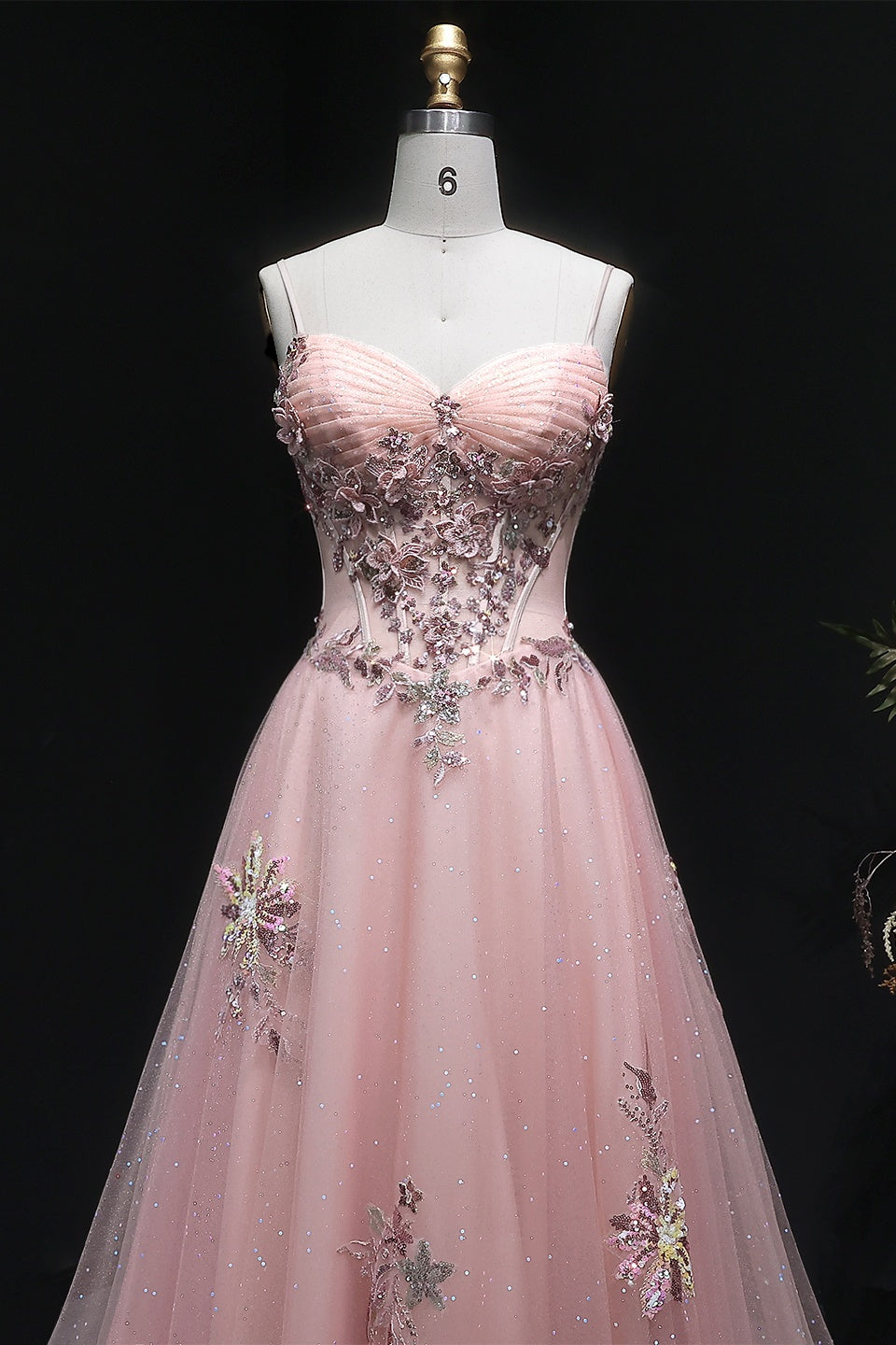 Modest Pink Glitter Tulle Square Neck A-Line Prom Dress SH382 Sheer Fairy