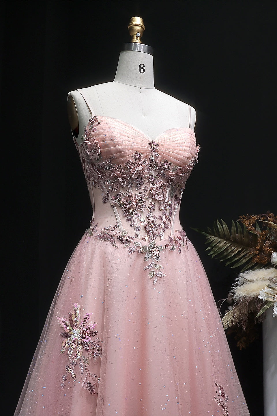 Modest Pink Glitter Tulle Square Neck A-Line Prom Dress SH382 Sheer Fairy