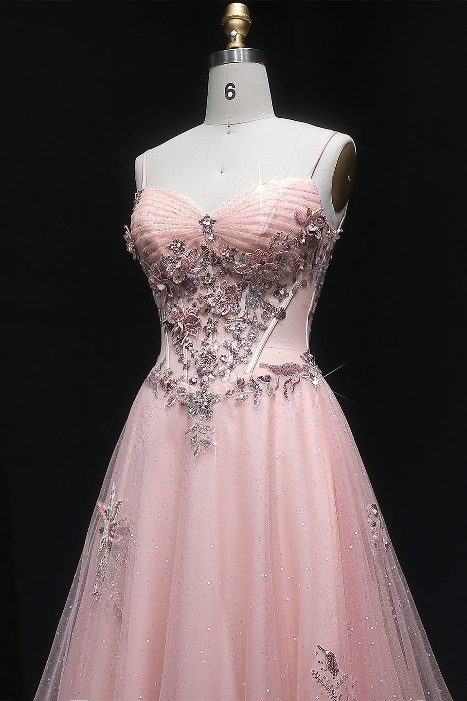 Modest Pink Glitter Tulle Square Neck A-Line Prom Dress SH382 Sheer Fairy