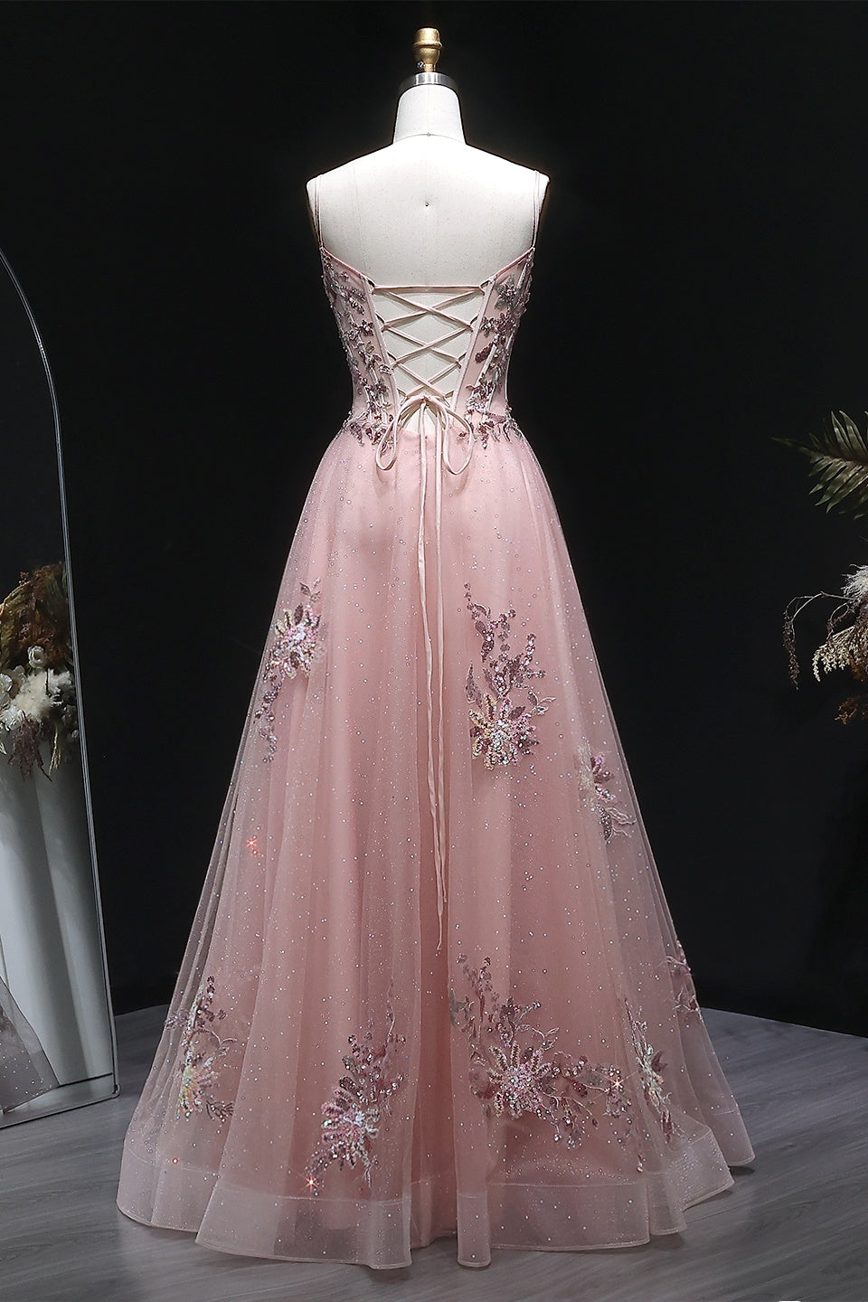 Modest Pink Glitter Tulle Square Neck A-Line Prom Dress SH382 Sheer Fairy