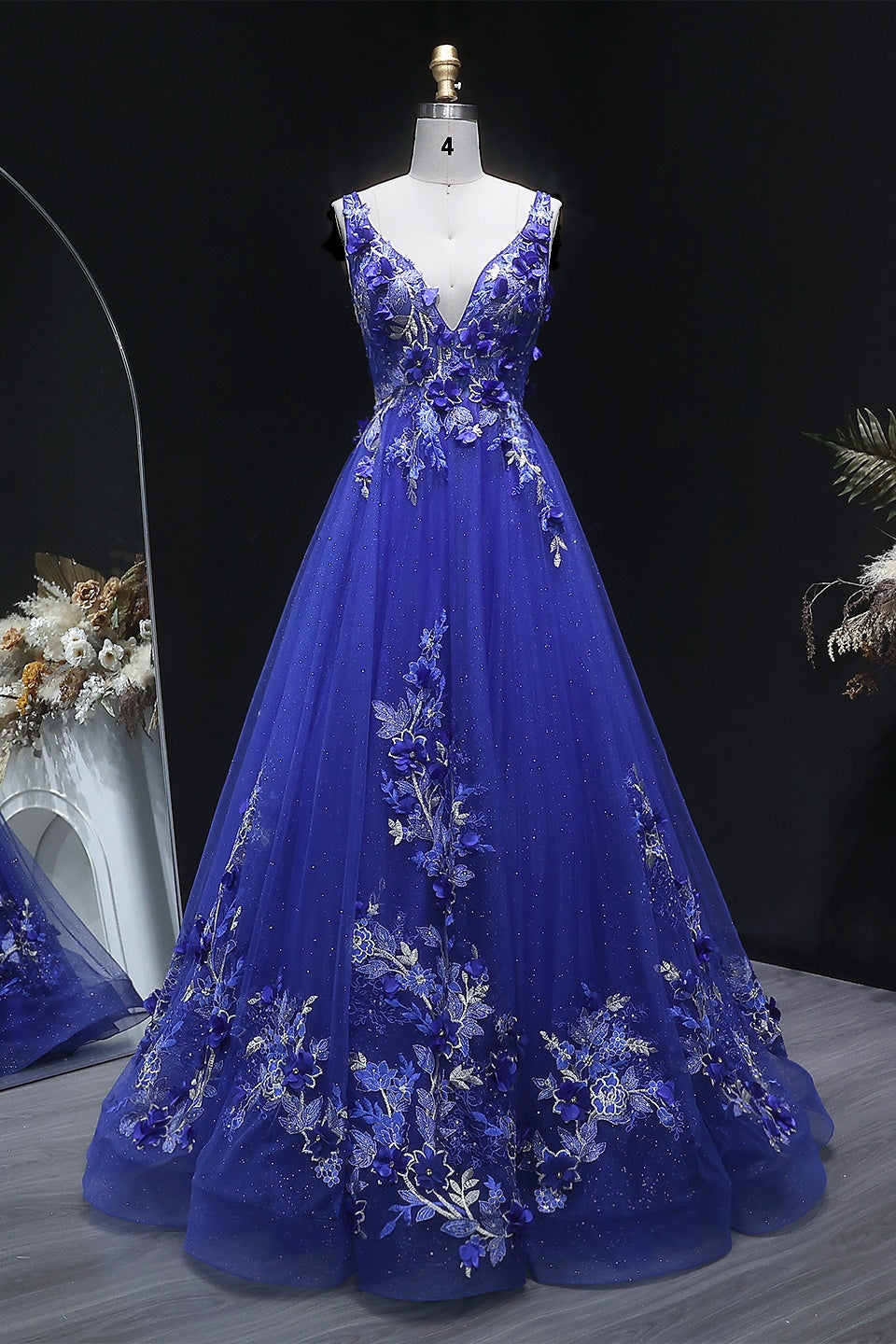 Royal Blue A-Line 3D Beaded Lace Floral Prom Dress SH383 Sheer Fairy