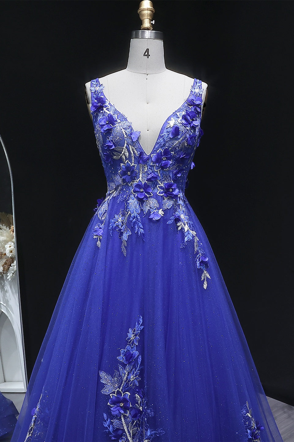 Royal Blue A-Line 3D Beaded Lace Floral Prom Dress SH383 Sheer Fairy