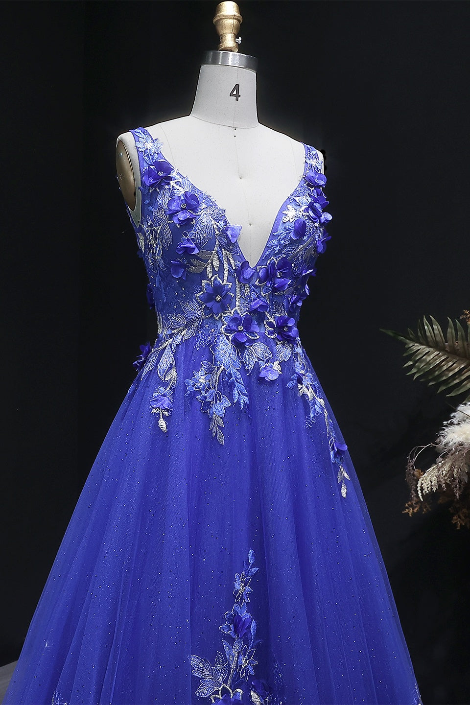 Royal Blue A-Line 3D Beaded Lace Floral Prom Dress SH383 Sheer Fairy