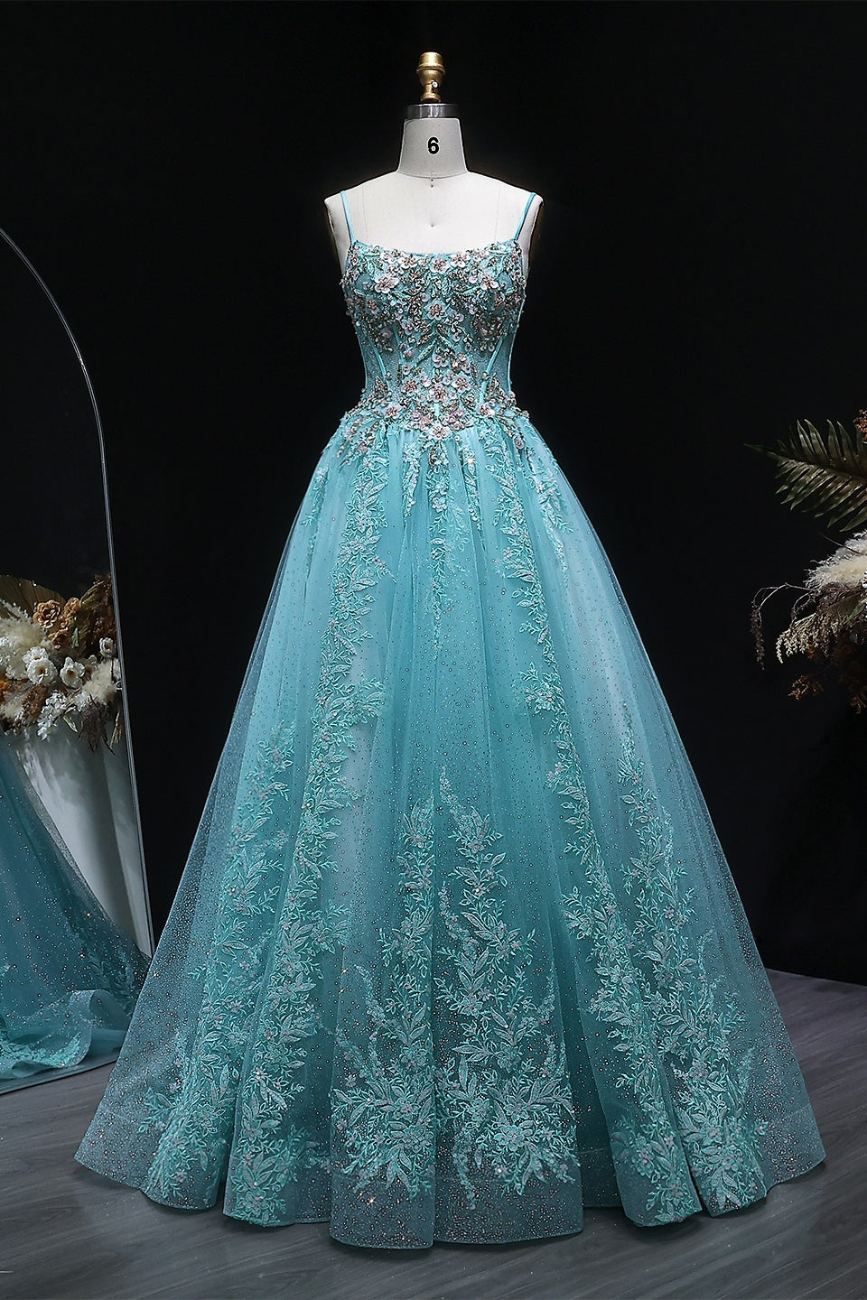 Mint Green Beaded Floral Tulle Ballgown Prom Dress SH385 Sheer Fairy