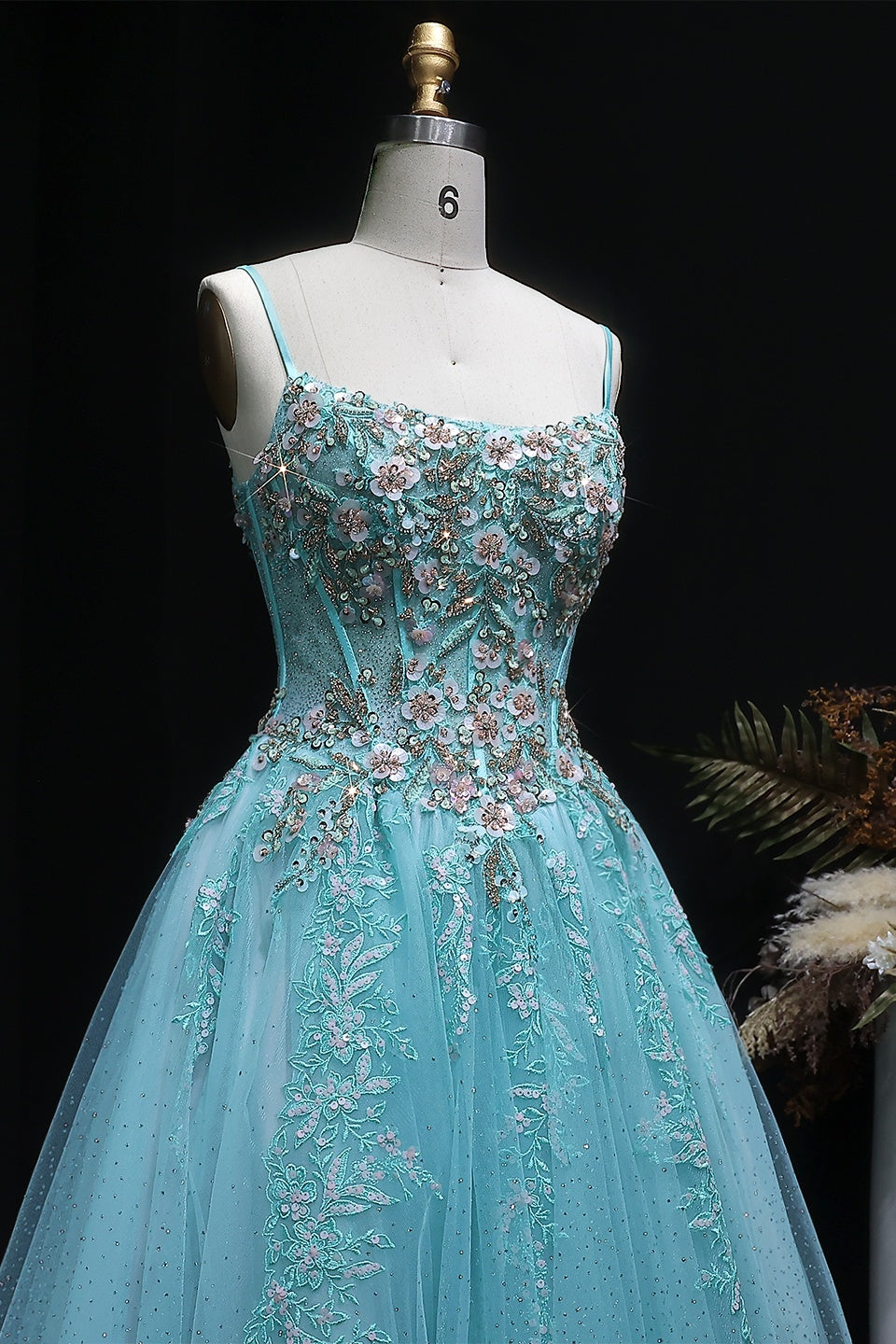 Mint Green Beaded Floral Tulle Ballgown Prom Dress SH385 Sheer Fairy
