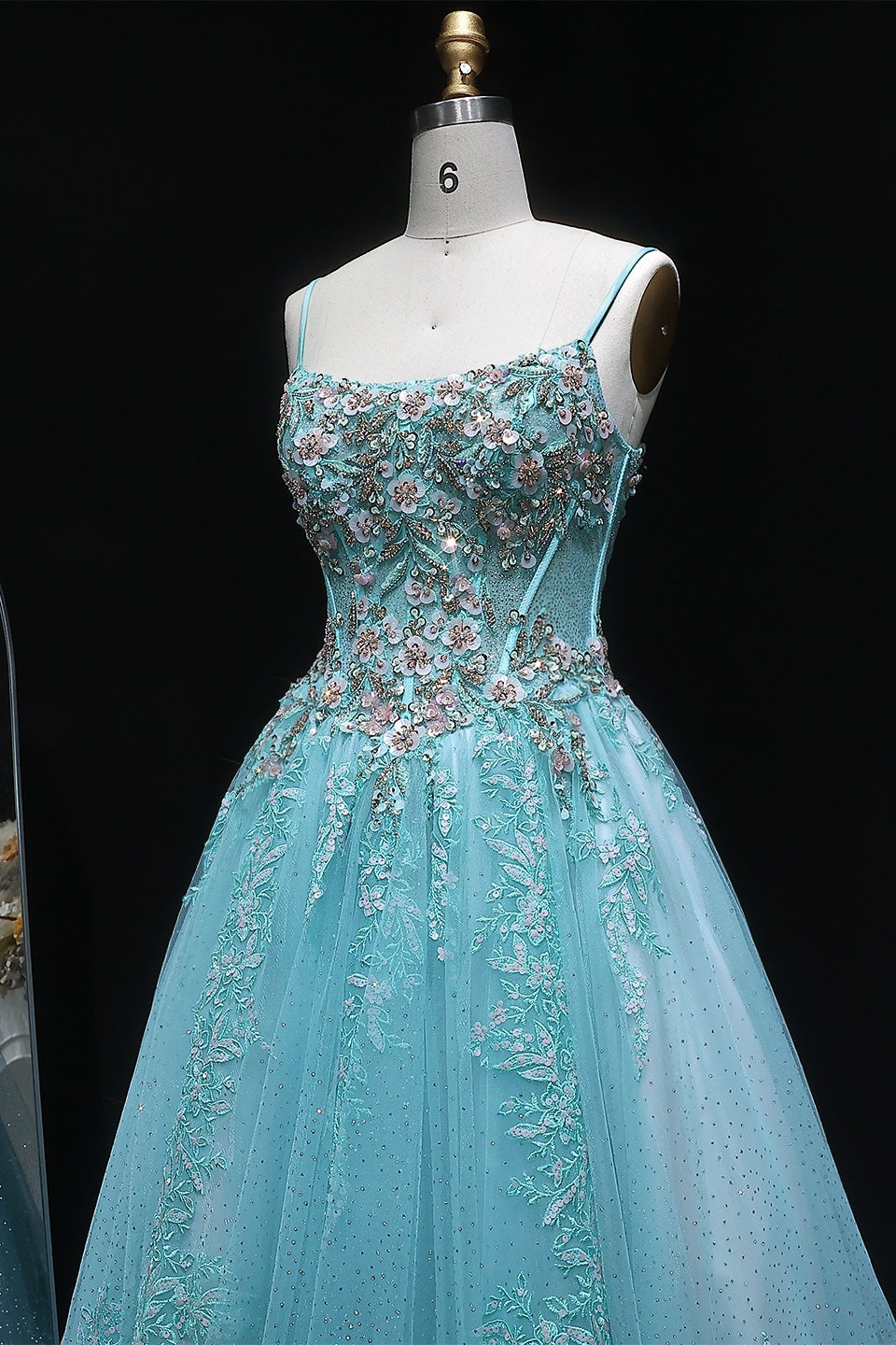 Mint Green Beaded Floral Tulle Ballgown Prom Dress SH385 Sheer Fairy