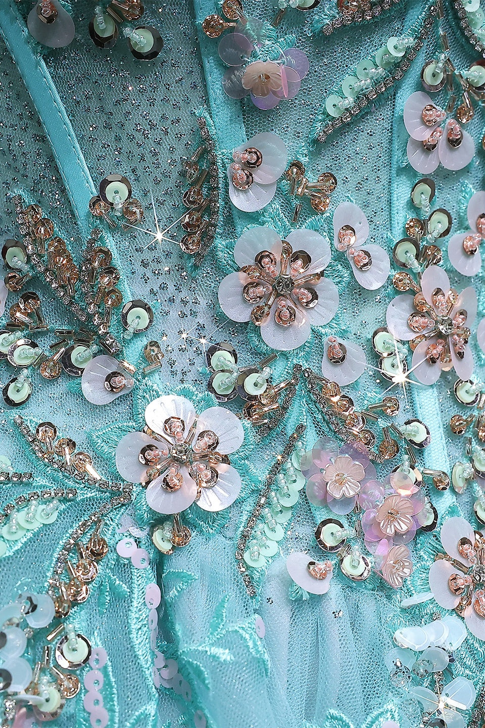 Mint Green Beaded Floral Tulle Ballgown Prom Dress SH385 Sheer Fairy