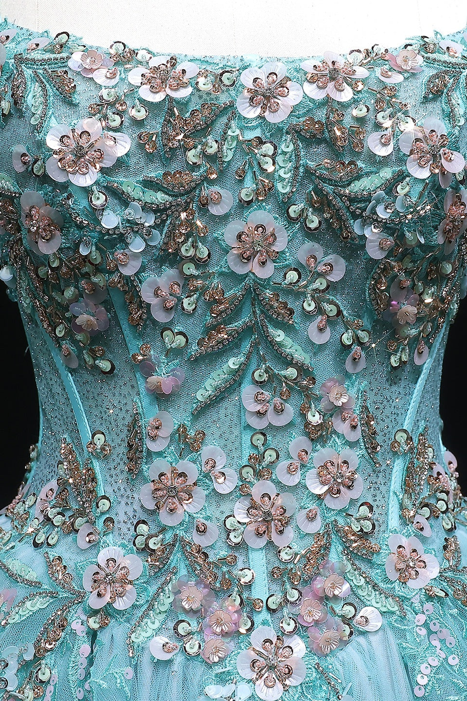 Mint Green Beaded Floral Tulle Ballgown Prom Dress SH385 Sheer Fairy