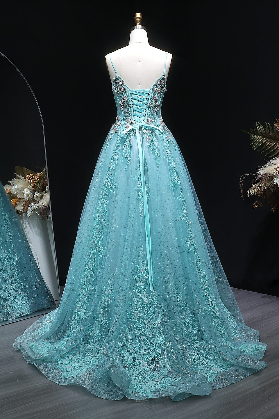 Mint Green Beaded Floral Tulle Ballgown Prom Dress SH385 Sheer Fairy