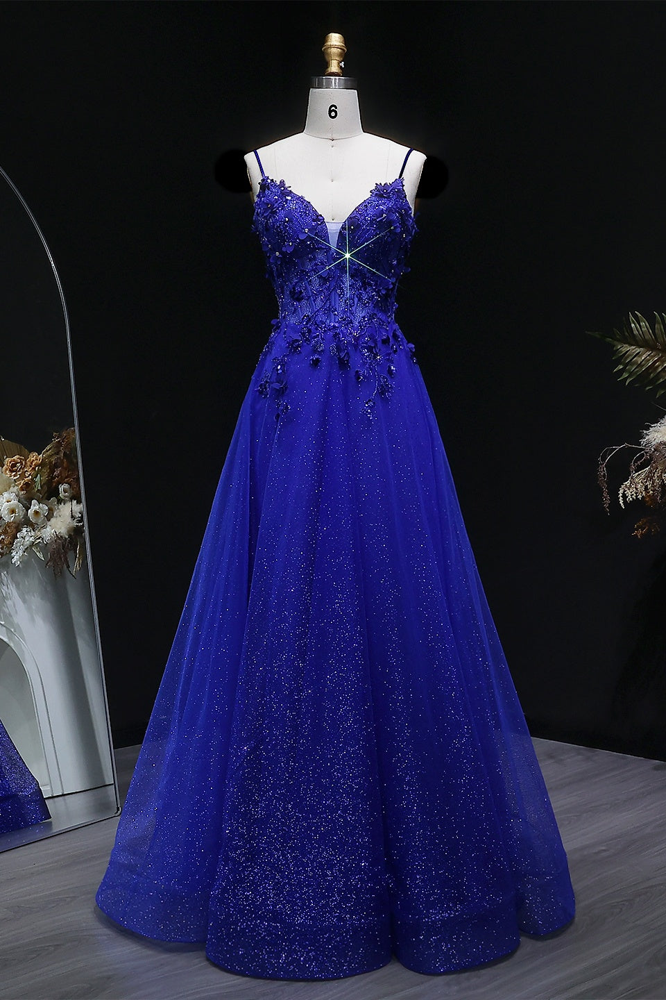 Royal Blue Glitter Tulle A-Line Corset Lace-Up Prom Dress SH386 Sheer Fairy