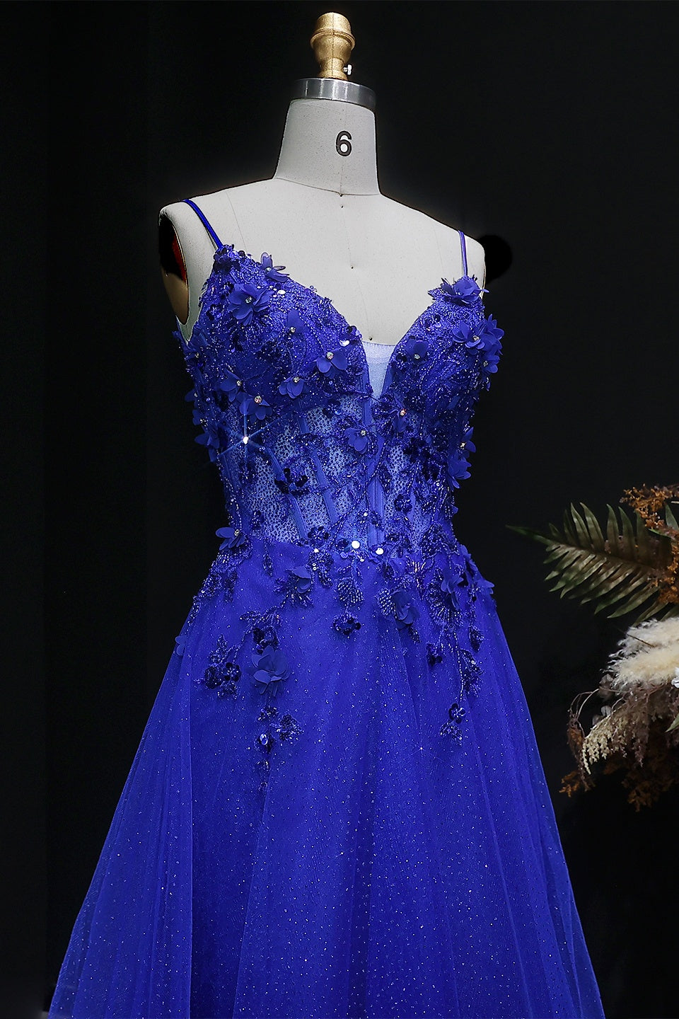 Royal Blue Glitter Tulle A-Line Corset Lace-Up Prom Dress SH386 Sheer Fairy