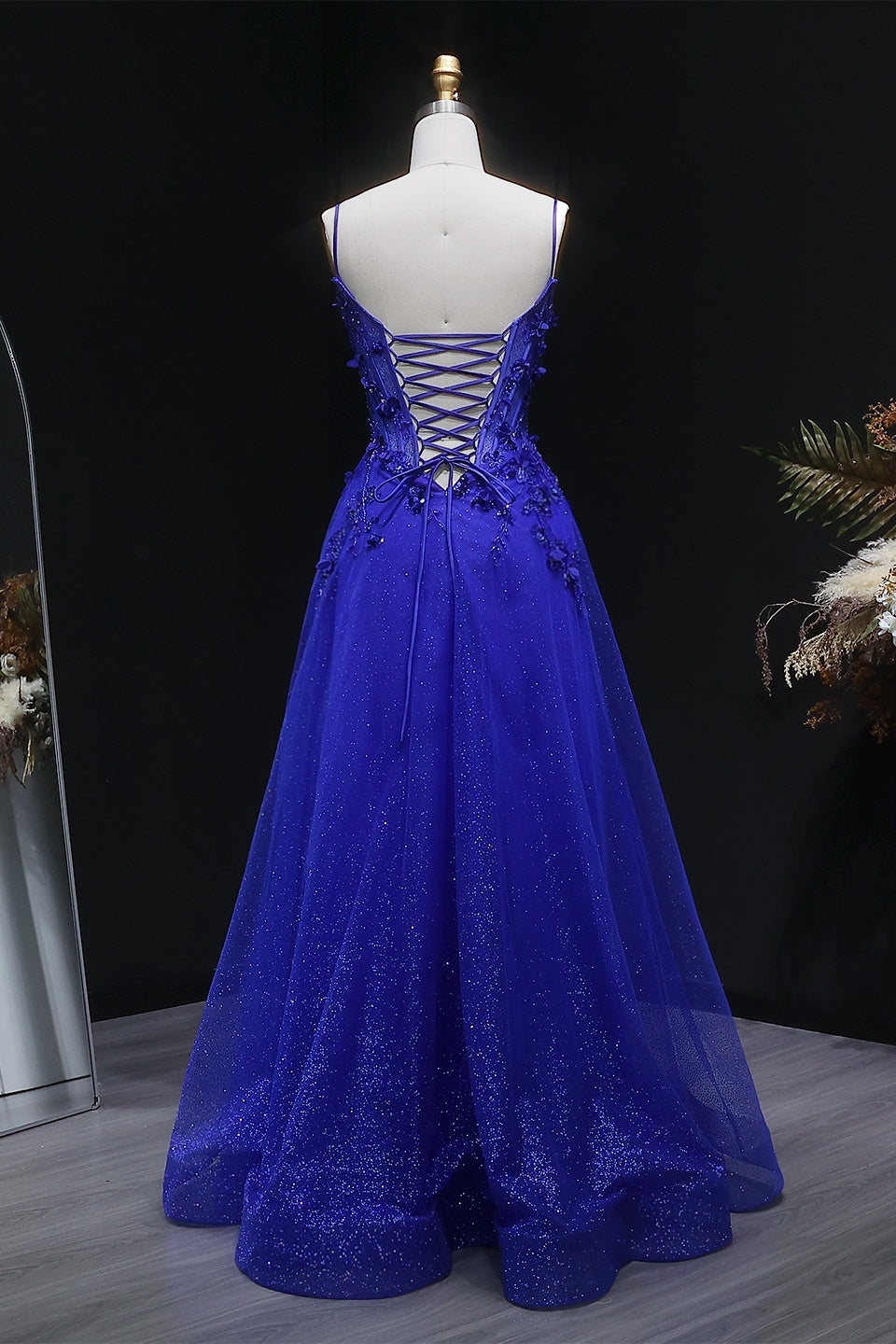 Royal Blue Glitter Tulle A-Line Corset Lace-Up Prom Dress SH386 Sheer Fairy