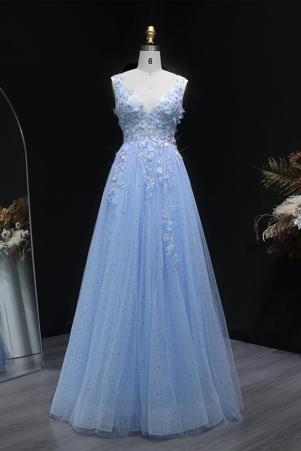 Blue Glitter Tulle A-Line Prom Dress with 3D Beaded Floral SH390 Sheer Fairy