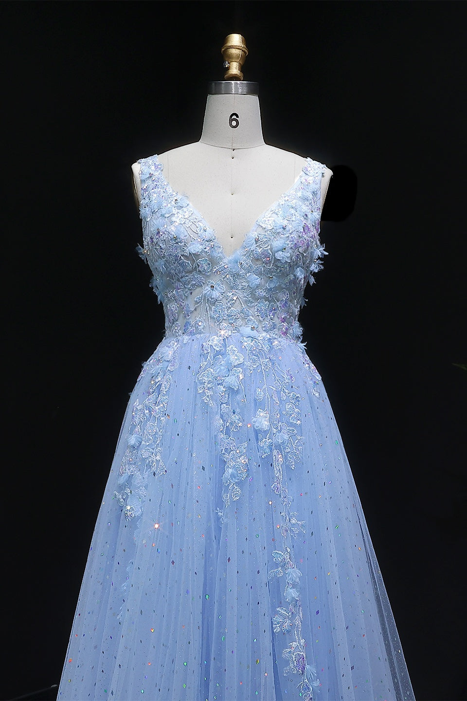 Blue Glitter Tulle A-Line Prom Dress with 3D Beaded Floral SH390 Sheer Fairy