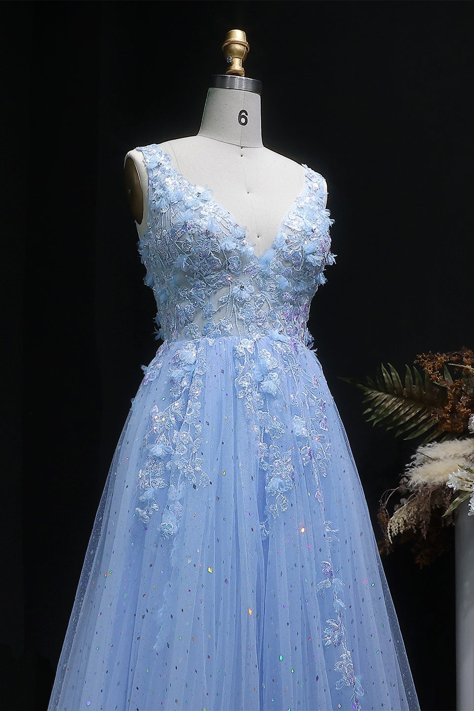Blue Glitter Tulle A-Line Prom Dress with 3D Beaded Floral SH390 Sheer Fairy