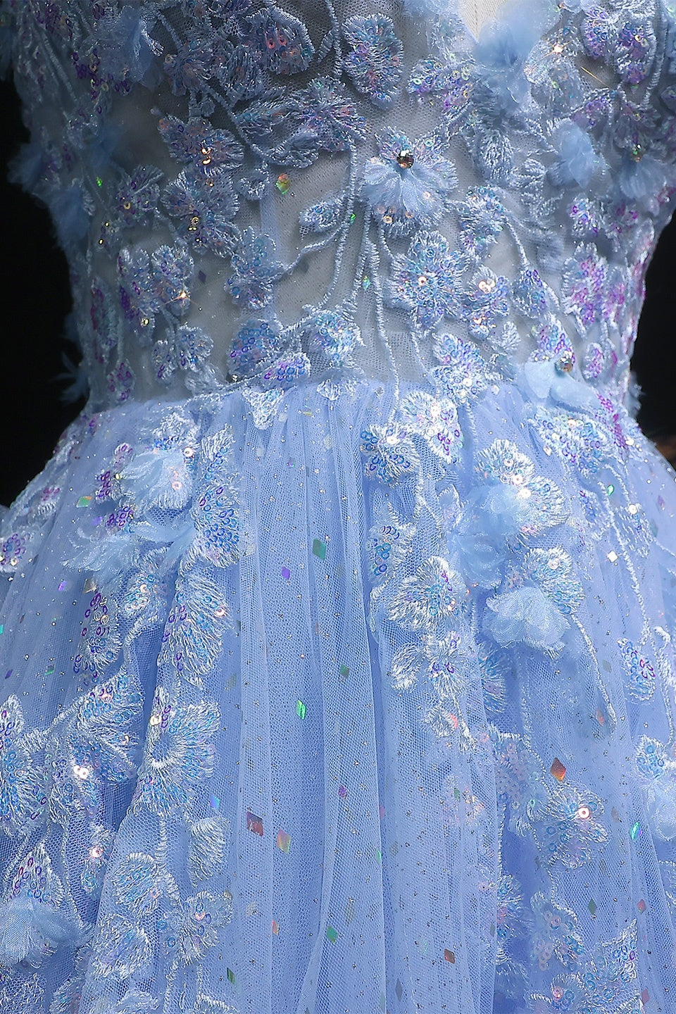 Blue Glitter Tulle A-Line Prom Dress with 3D Beaded Floral SH390 Sheer Fairy