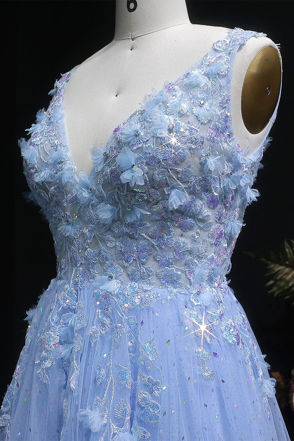 Blue Glitter Tulle A-Line Prom Dress with 3D Beaded Floral SH390 Sheer Fairy