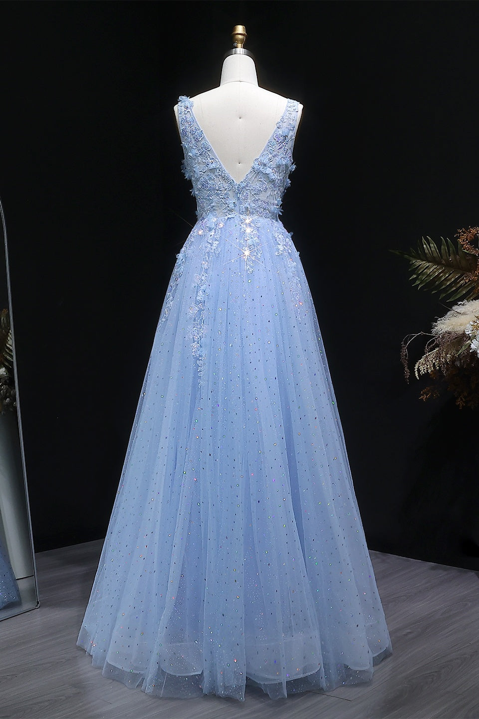 Blue Glitter Tulle A-Line Prom Dress with 3D Beaded Floral SH390 Sheer Fairy