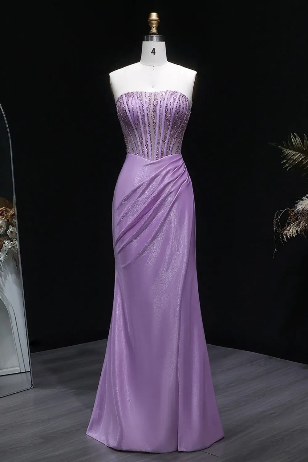 Lavender Strapless Satin Sheath Purple Prom Dress SH406 Sheer Fairy