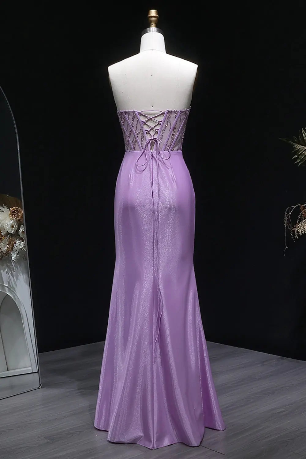 Lavender Strapless Satin Sheath Purple Prom Dress SH406 Sheer Fairy