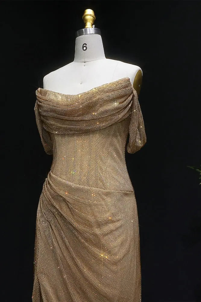 Gold Sequin Off Shoulder Column Prom Dress with Thigh Slit SH546 SHEER FAIRY Gold Sequin Off Shoulder Column Prom Dress with Thigh Slit SH546 SHEER FAIRY