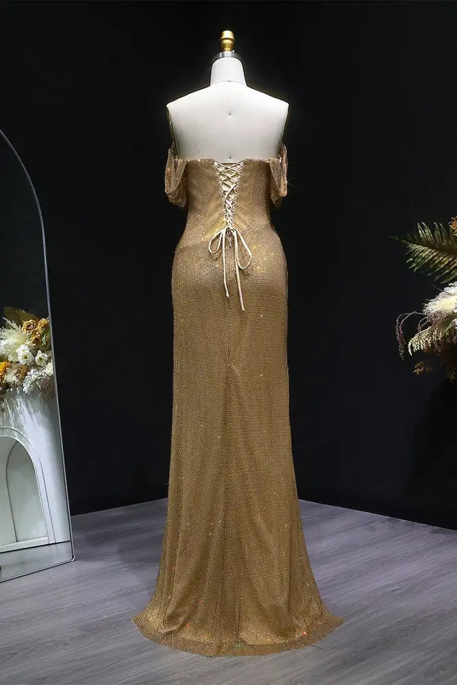 Gold Sequin Off Shoulder Column Prom Dress with Thigh Slit SH546 SHEER FAIRY Gold Sequin Off Shoulder Column Prom Dress with Thigh Slit SH546 SHEER FAIRY