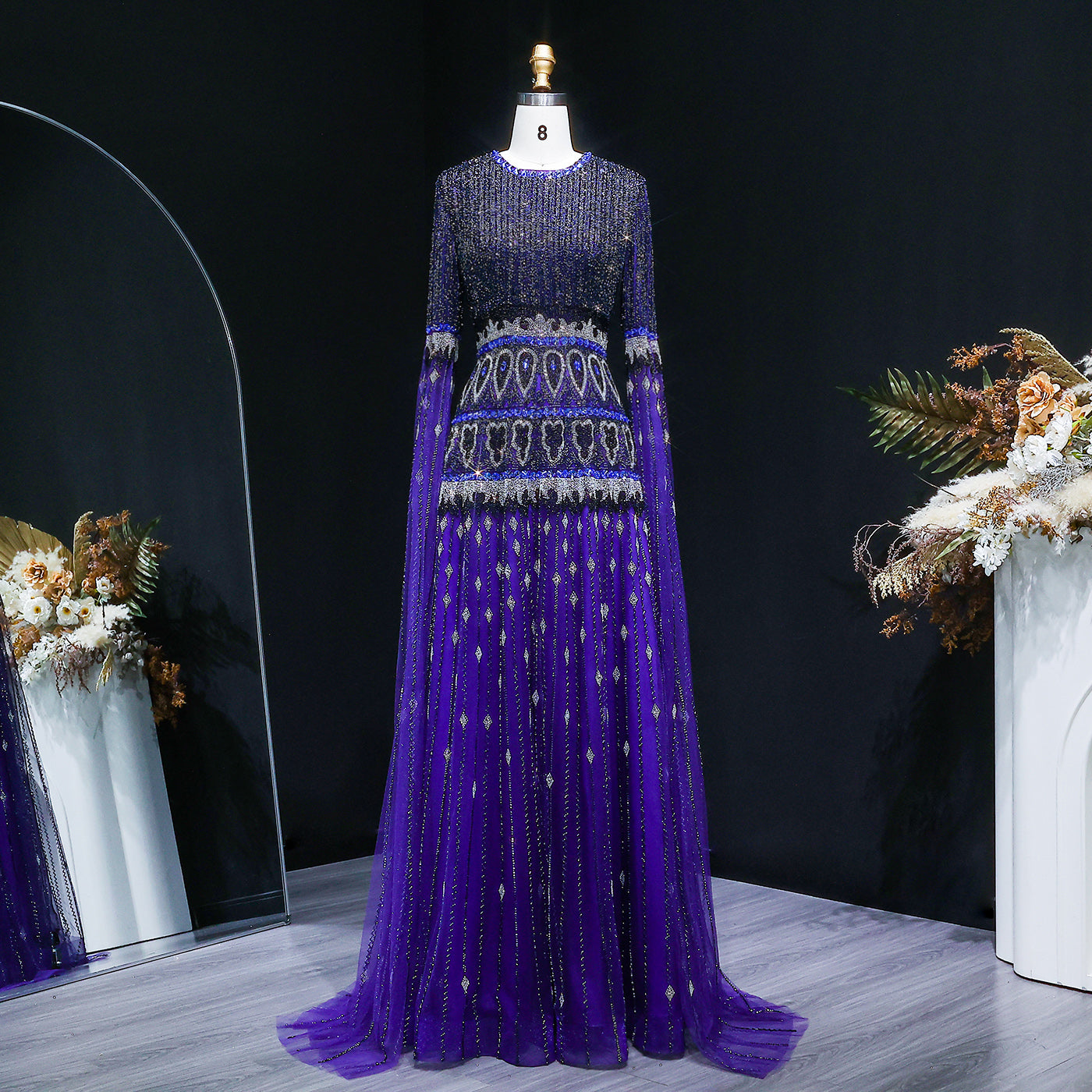 Deep Purple Hand-Beaded Tulle Gown with Cape SS009 Sheer Fairy