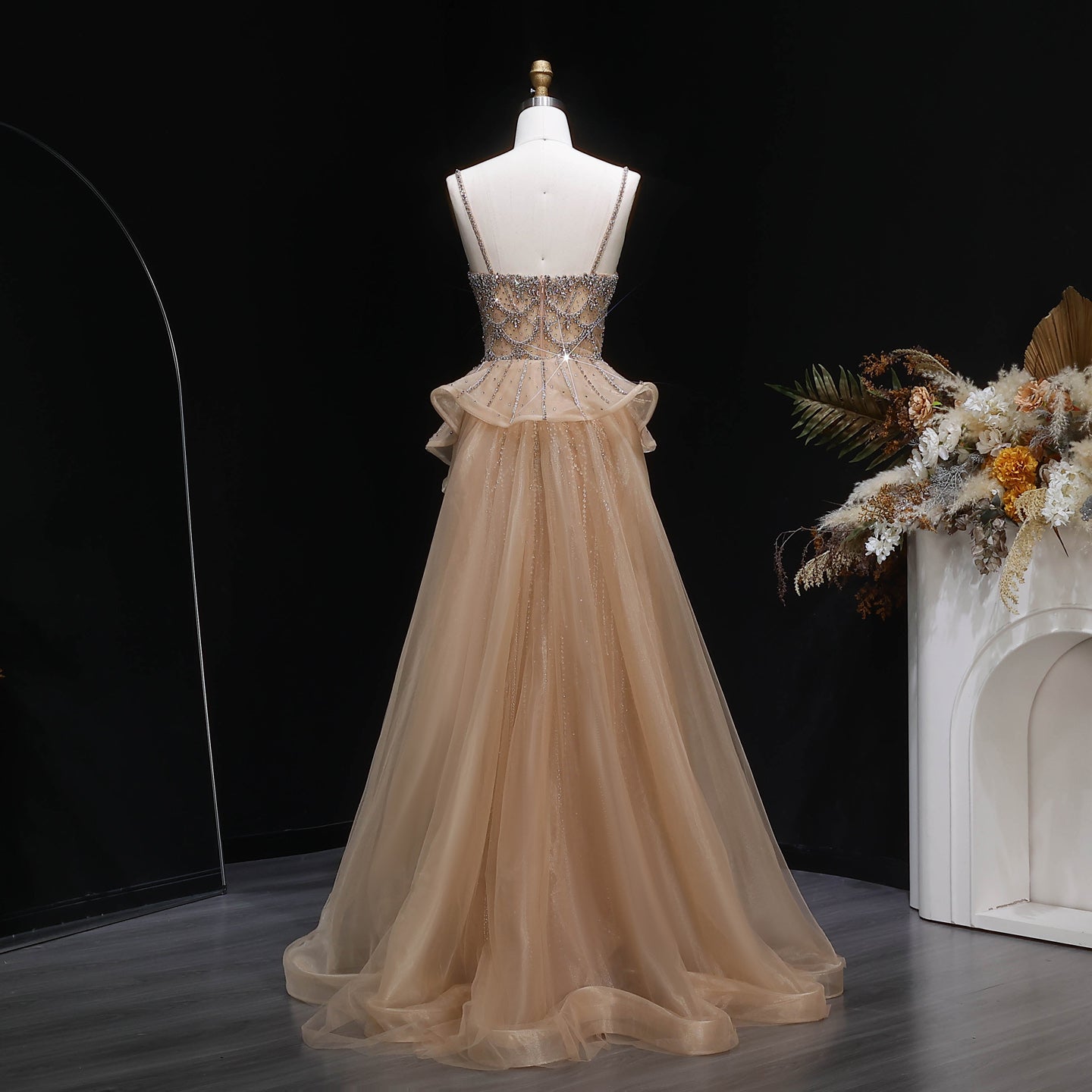Luxury Beaded  Pink Tulle Formal Evening Dresses for Women SS026 Sheer Fairy