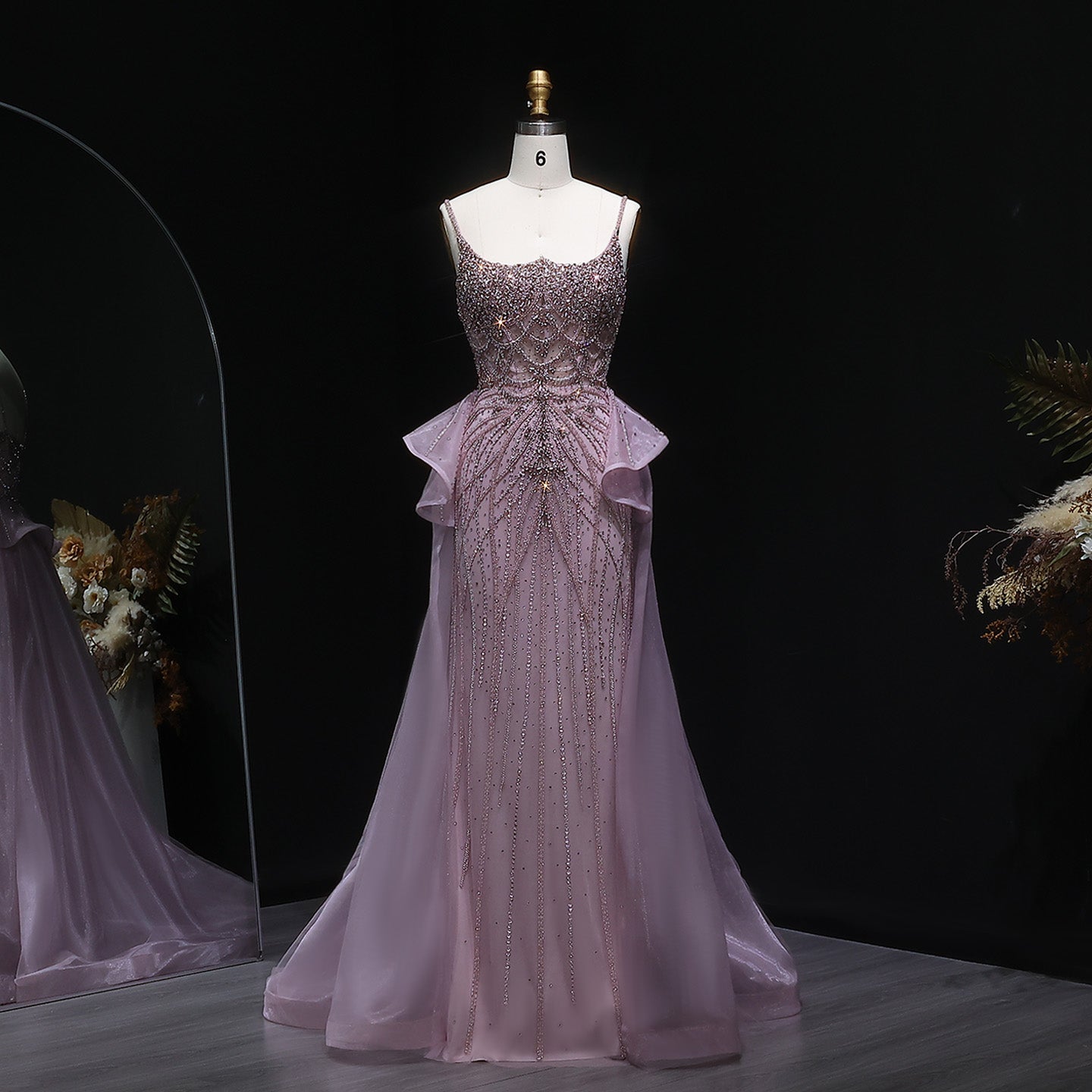 Luxury Beaded  Pink Tulle Formal Evening Dresses for Women SS026 Sheer Fairy