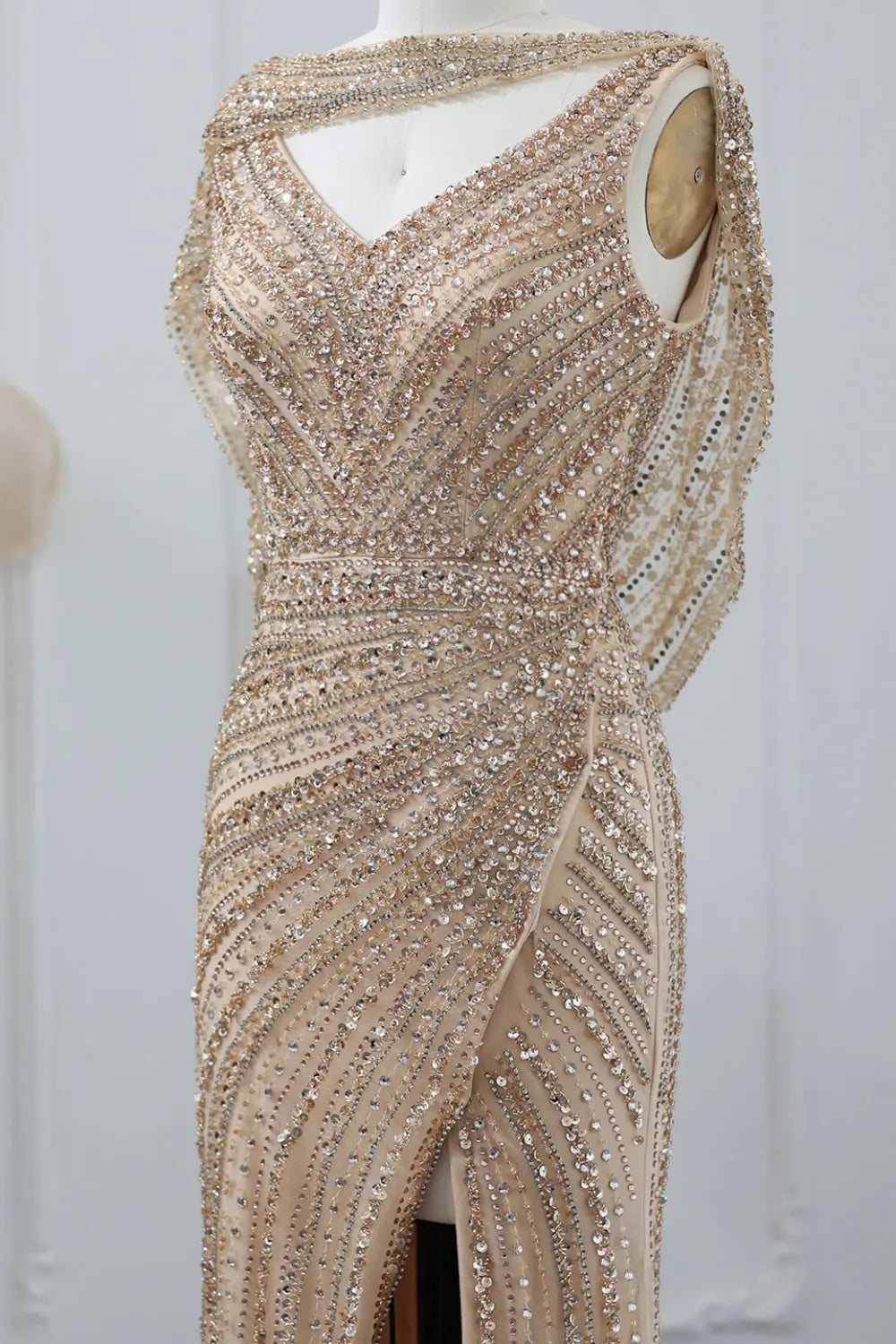 Luxury Beaded Silver Slit Mermaid Evening Dress with Cape SS035 Sheer Fairy