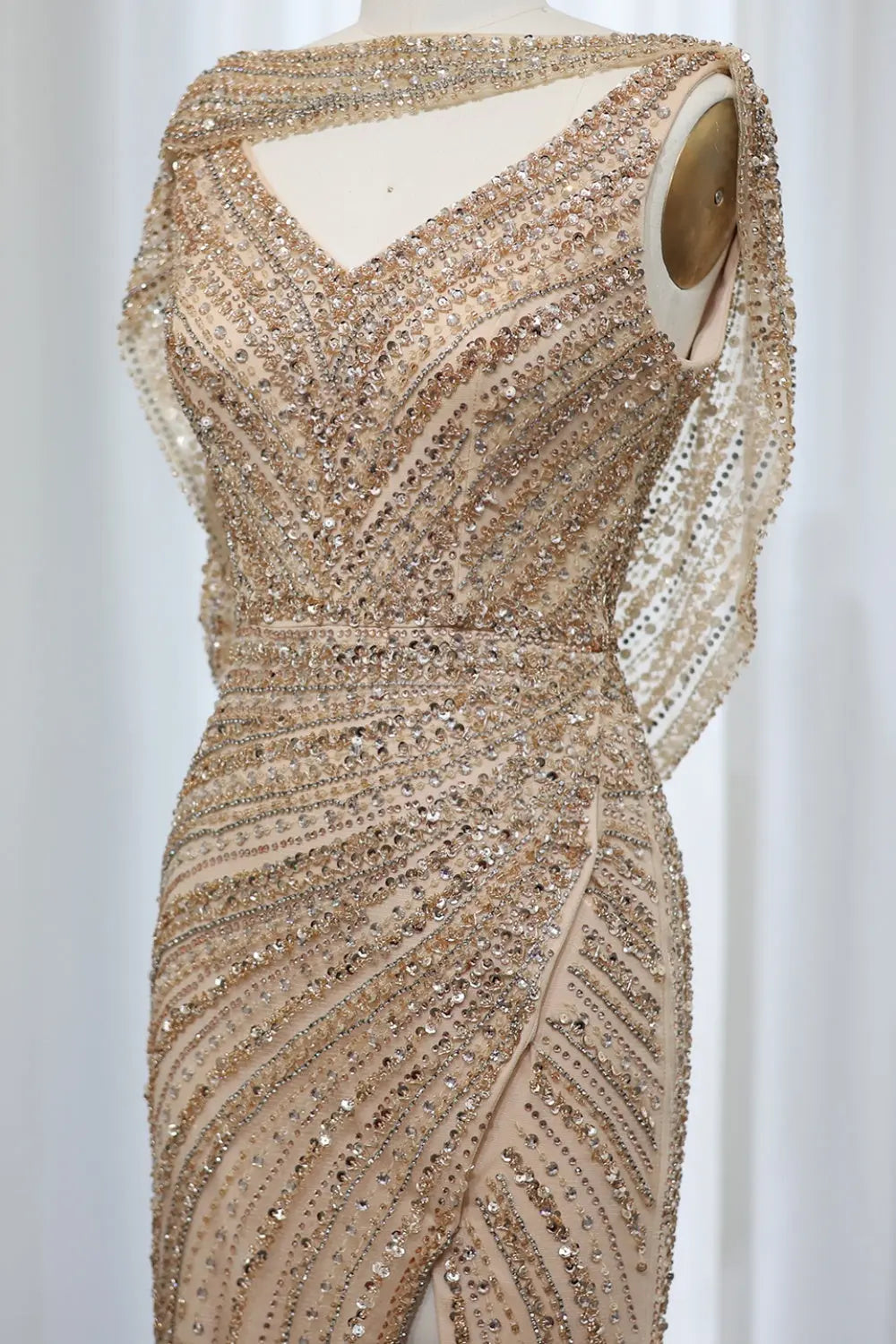 Luxury Beaded Silver Slit Mermaid Evening Dress with Cape SS035 Sheer Fairy