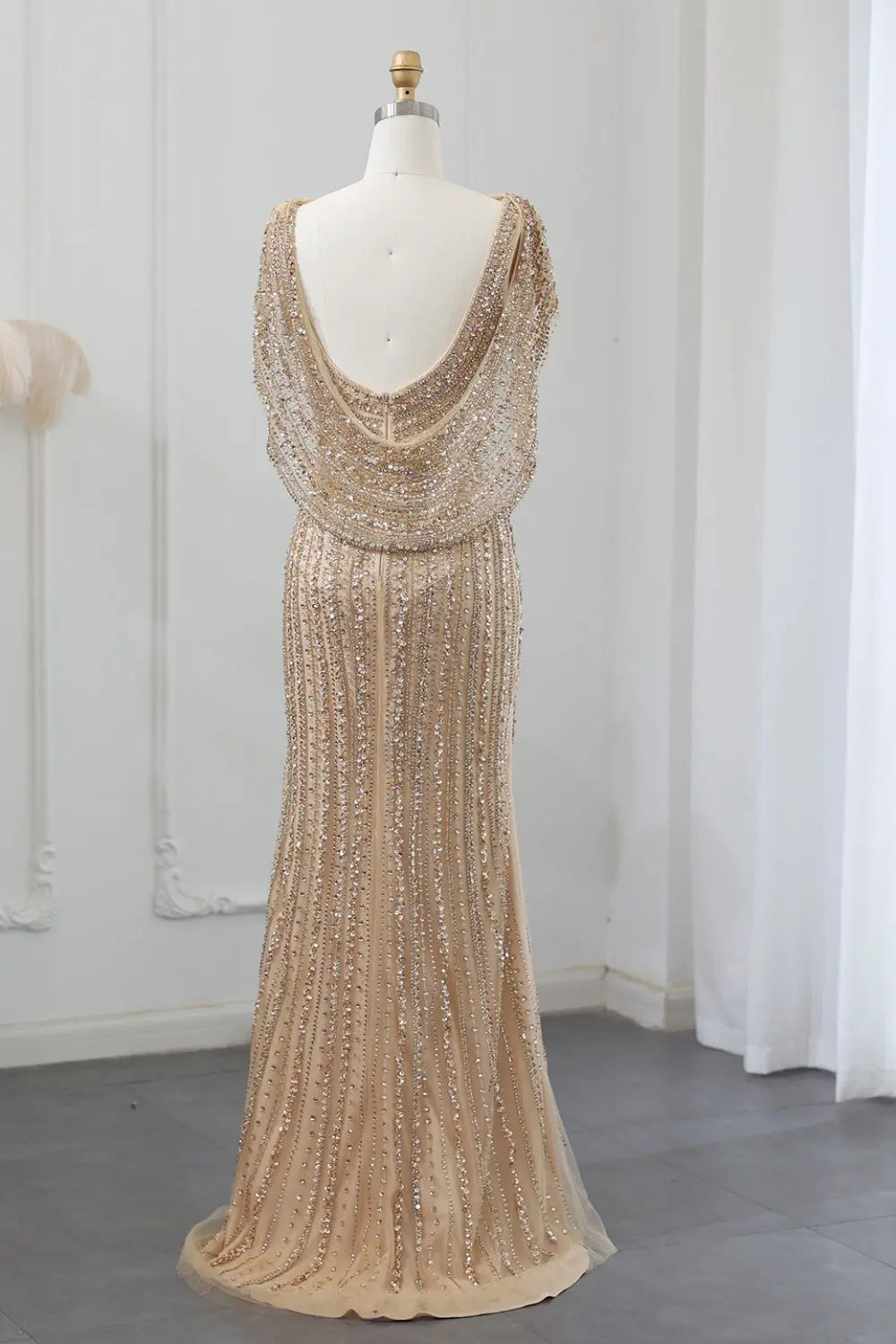 Luxury Beaded Silver Slit Mermaid Evening Dress with Cape SS035 Sheer Fairy