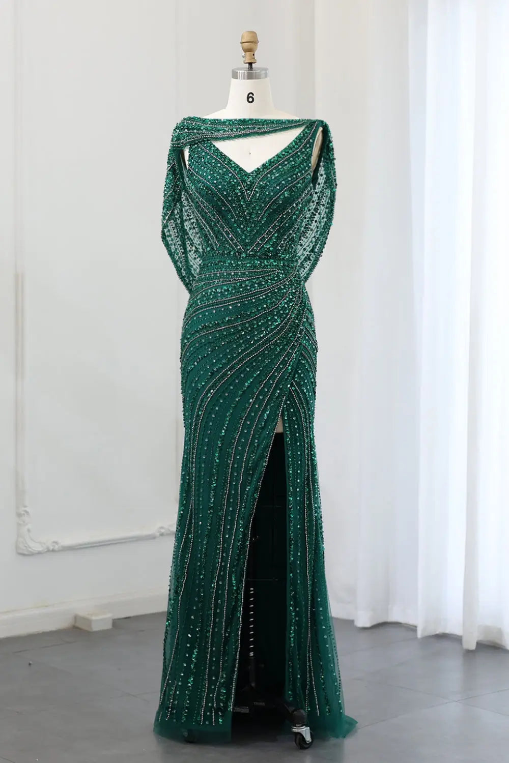 Luxury Beaded Silver Slit Mermaid Evening Dress with Cape SS035 Sheer Fairy