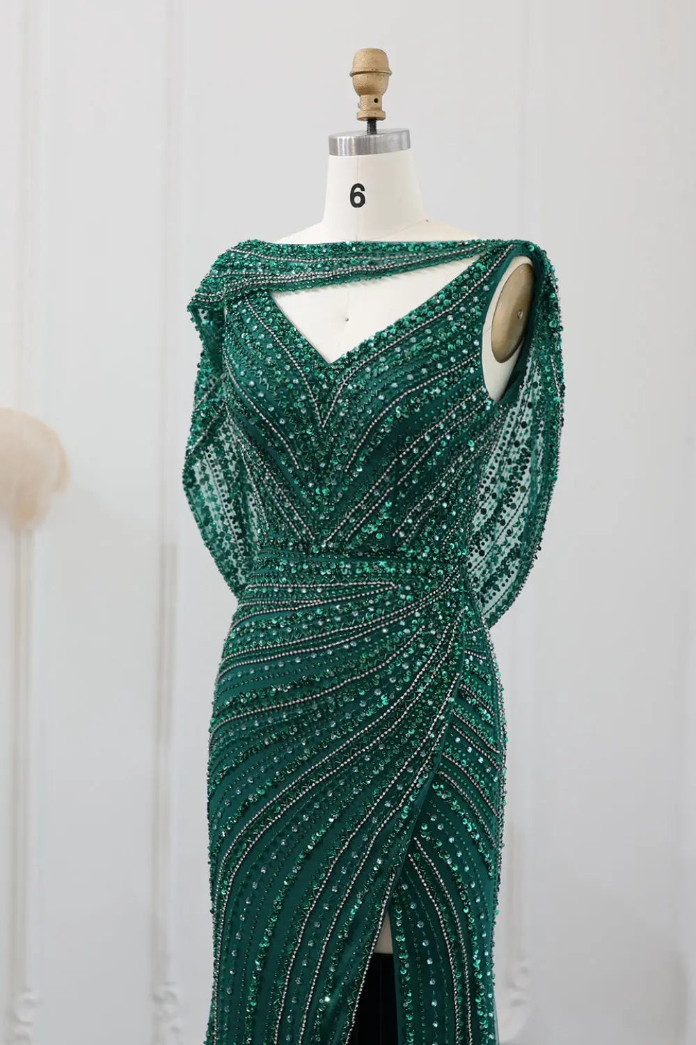 Luxury Beaded Silver Slit Mermaid Evening Dress with Cape SS035 Sheer Fairy