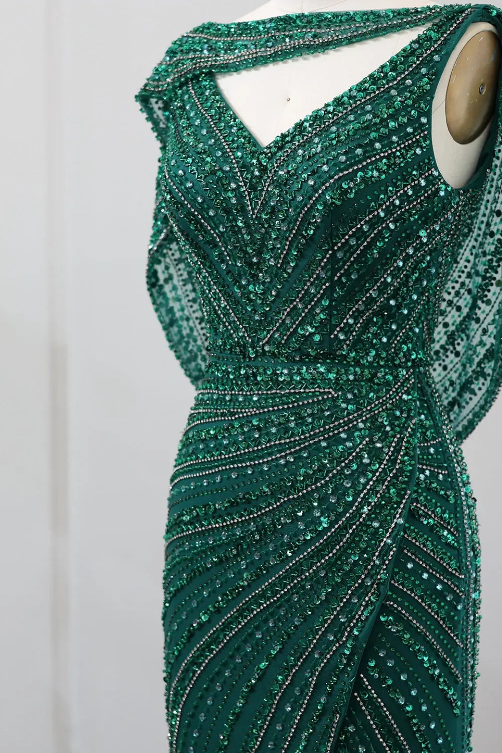 Luxury Beaded Silver Slit Mermaid Evening Dress with Cape SS035 Sheer Fairy