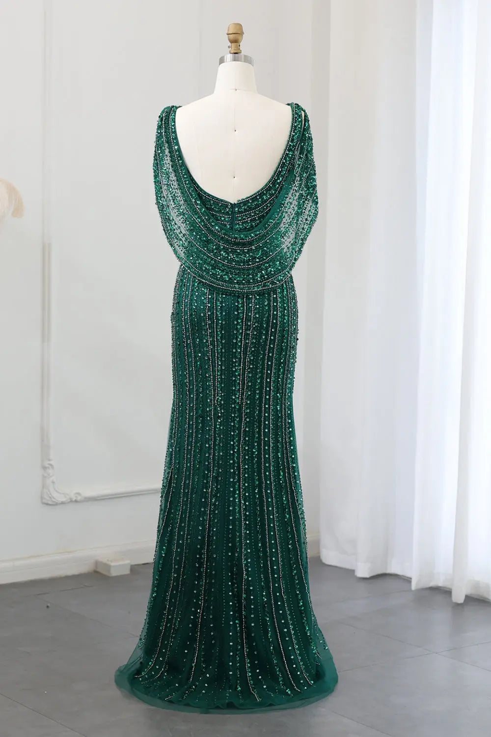 Luxury Beaded Silver Slit Mermaid Evening Dress with Cape SS035 Sheer Fairy
