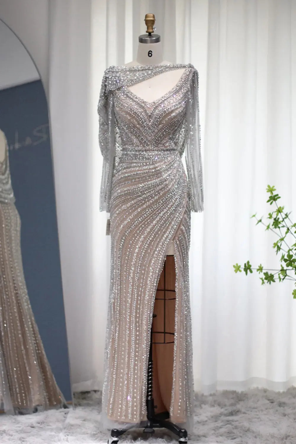Luxury Beaded Silver Slit Mermaid Evening Dress with Cape SS035 Sheer Fairy