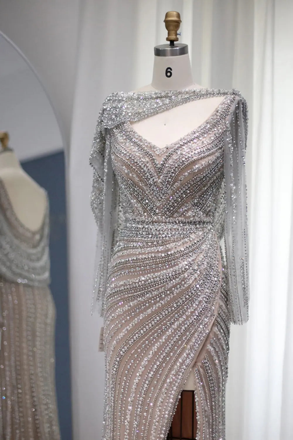 Luxury Beaded Silver Slit Mermaid Evening Dress with Cape SS035 Sheer Fairy