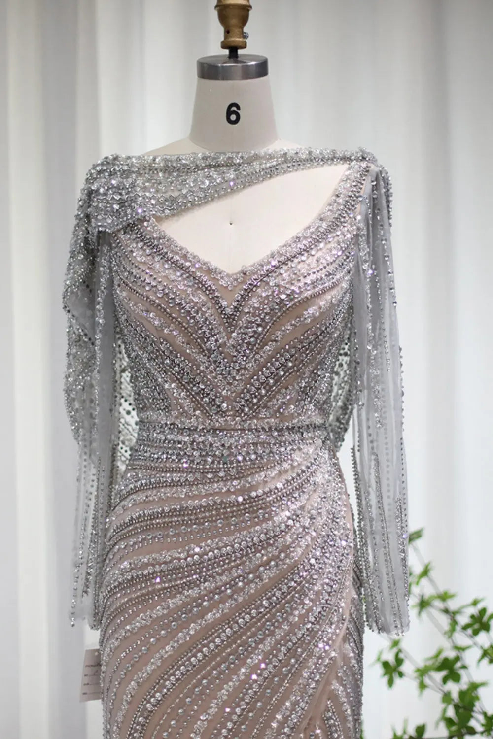 Luxury Beaded Silver Slit Mermaid Evening Dress with Cape SS035 Sheer Fairy