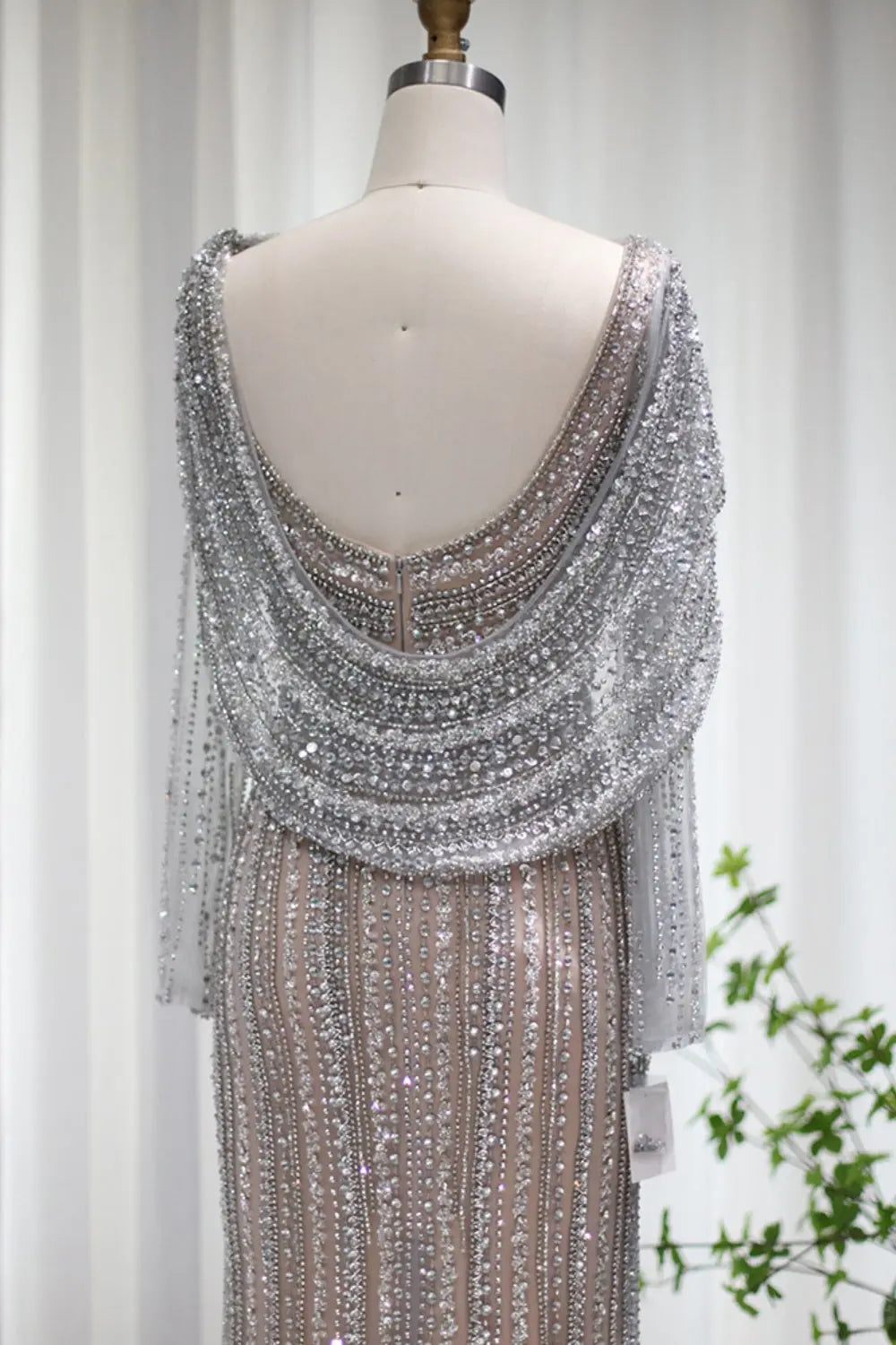 Luxury Beaded Silver Slit Mermaid Evening Dress with Cape SS035 Sheer Fairy