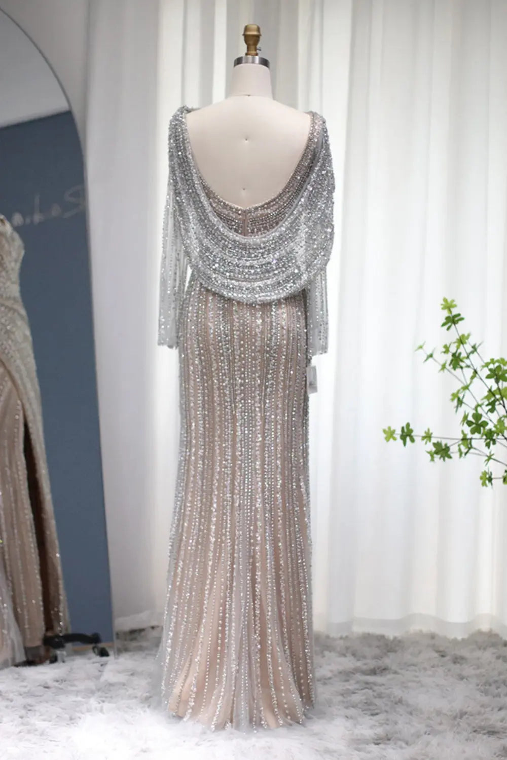 Luxury Beaded Silver Slit Mermaid Evening Dress with Cape SS035 Sheer Fairy