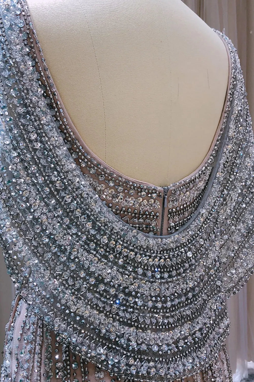 Luxury Beaded Silver Slit Mermaid Evening Dress with Cape SS035 Sheer Fairy