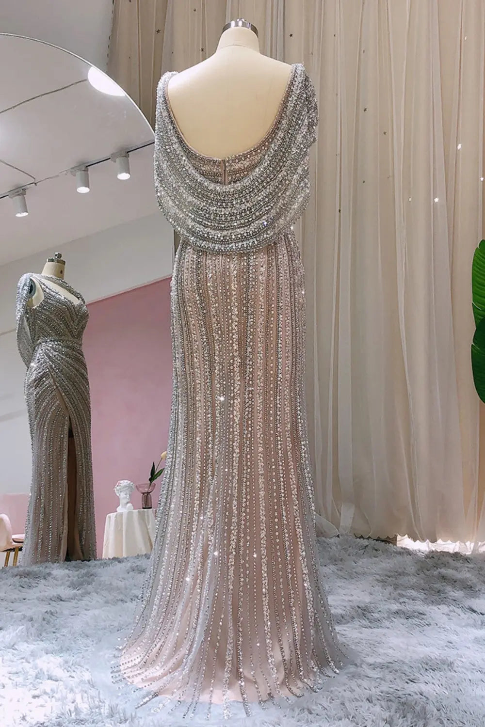 Luxury Beaded Silver Slit Mermaid Evening Dress with Cape SS035 Sheer Fairy
