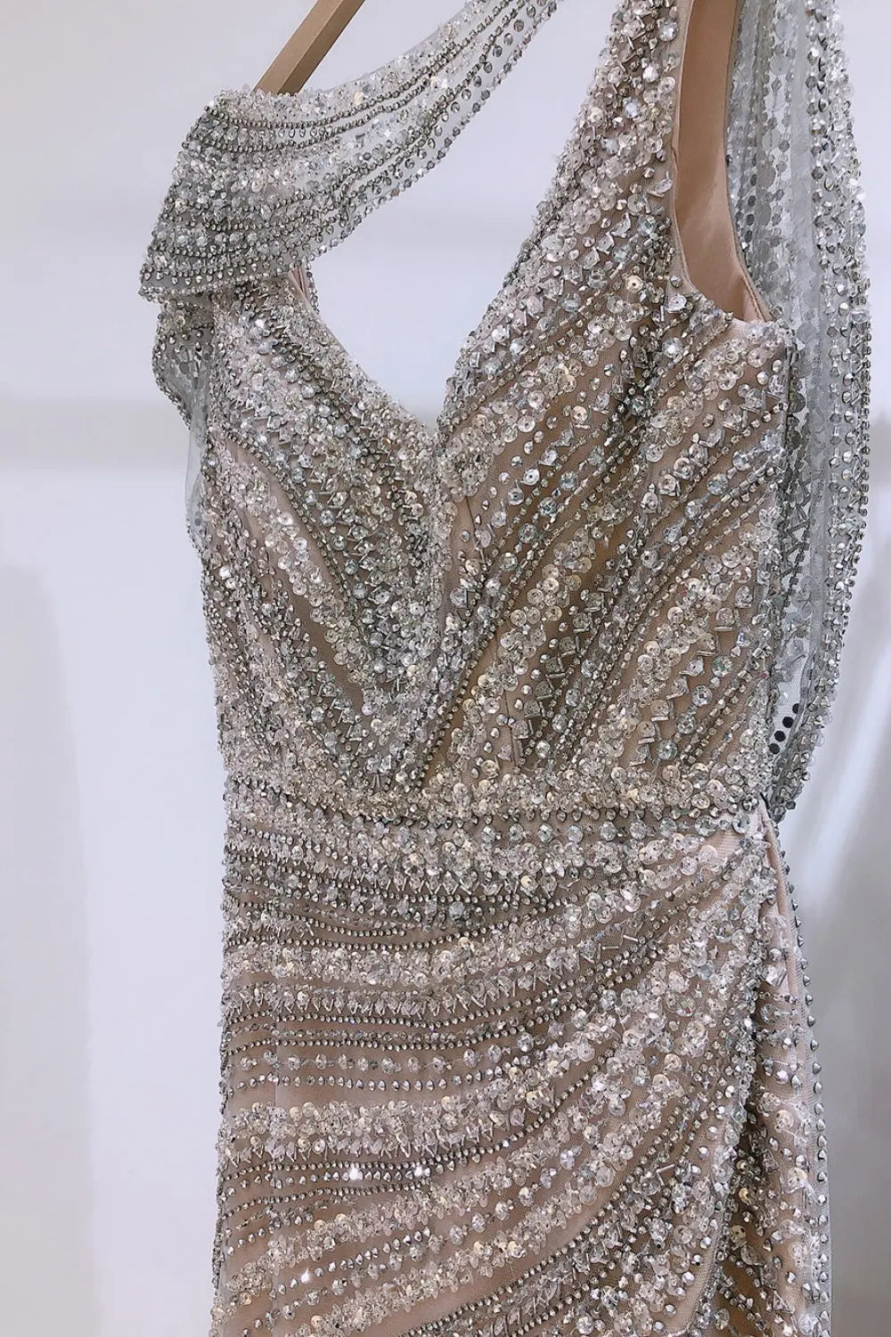 Luxury Beaded Silver Slit Mermaid Evening Dress with Cape SS035 Sheer Fairy