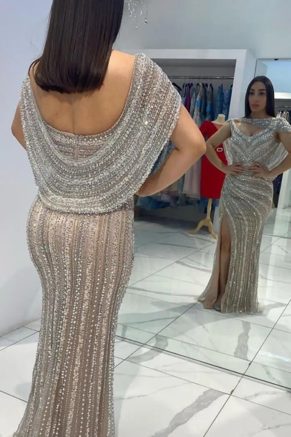Luxury Beaded Silver Slit Mermaid Evening Dress with Cape SS035 Sheer Fairy