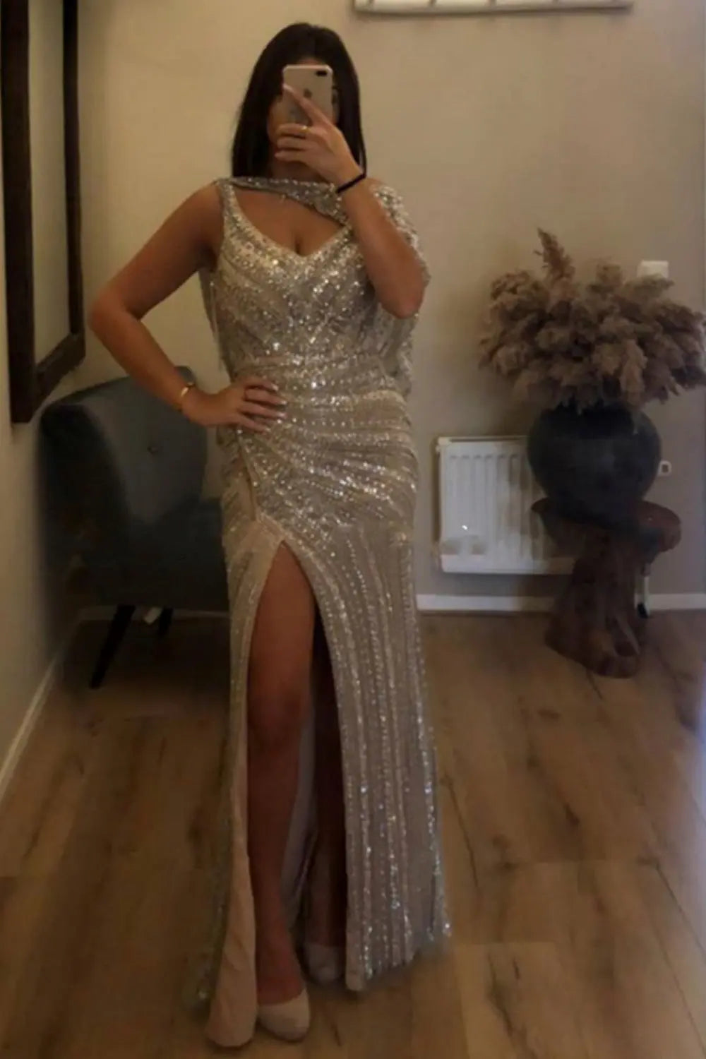 Luxury Beaded Silver Slit Mermaid Evening Dress with Cape SS035 Sheer Fairy
