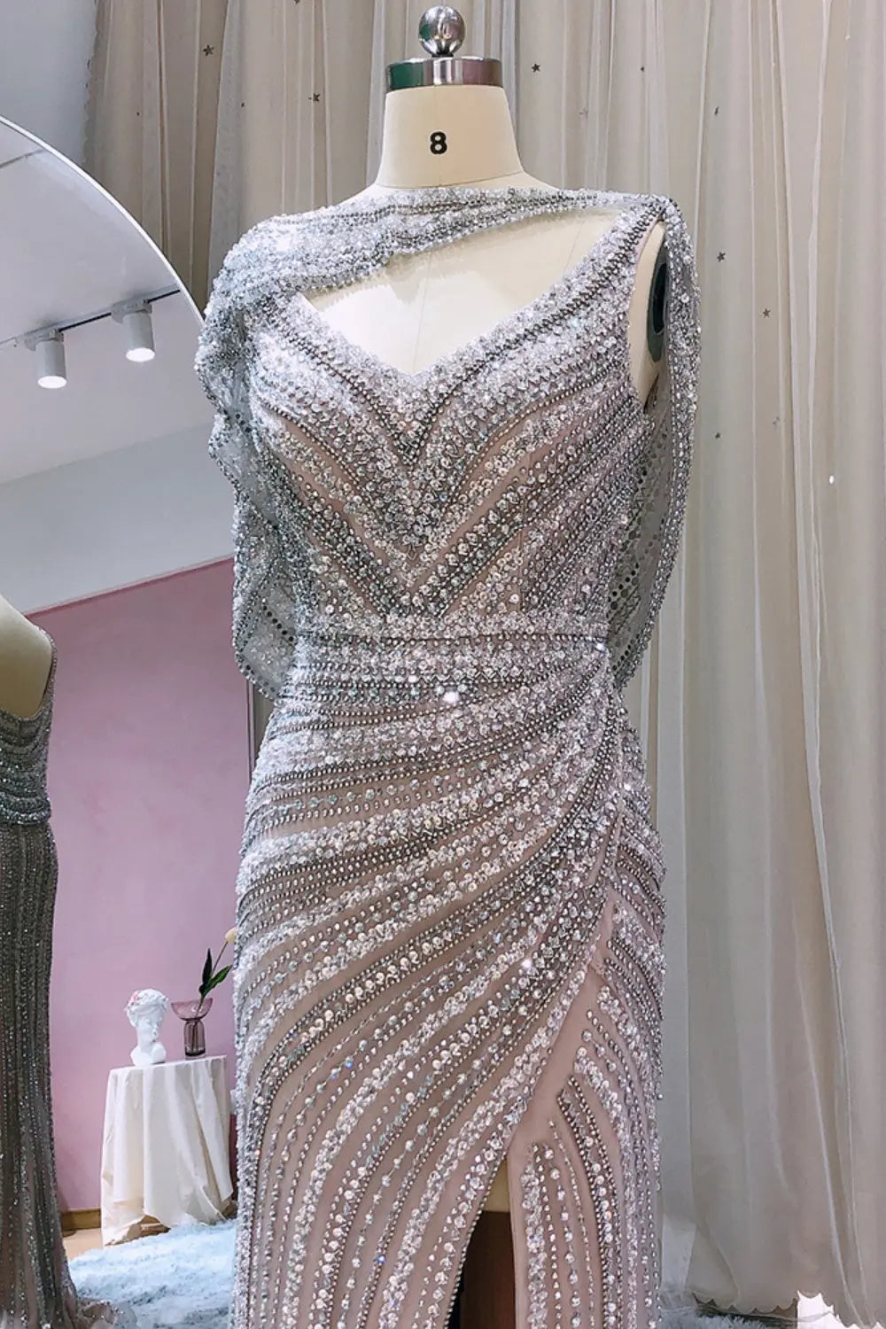 Luxury Beaded Silver Slit Mermaid Evening Dress with Cape SS035 Sheer Fairy