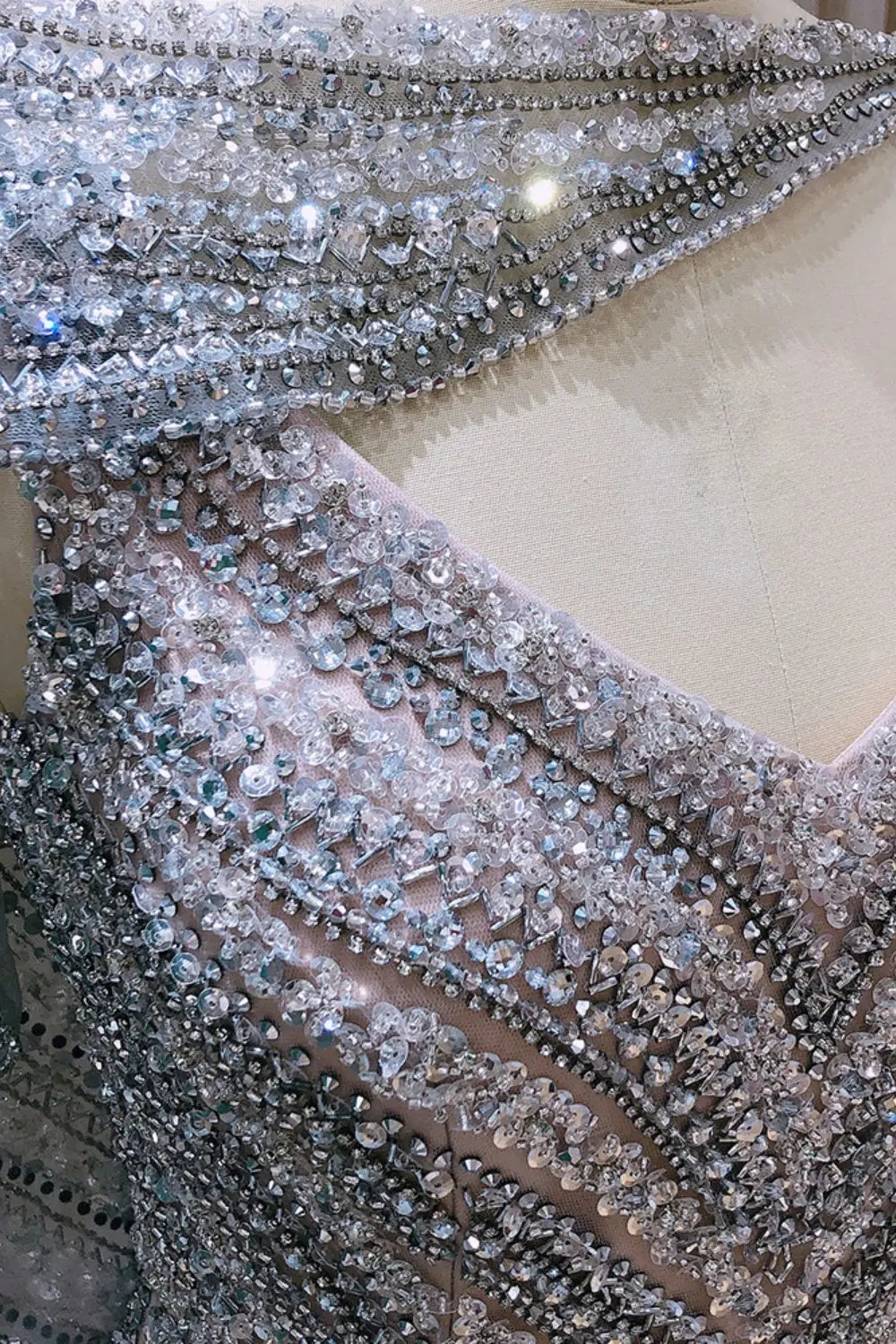 Luxury Beaded Silver Slit Mermaid Evening Dress with Cape SS035 Sheer Fairy
